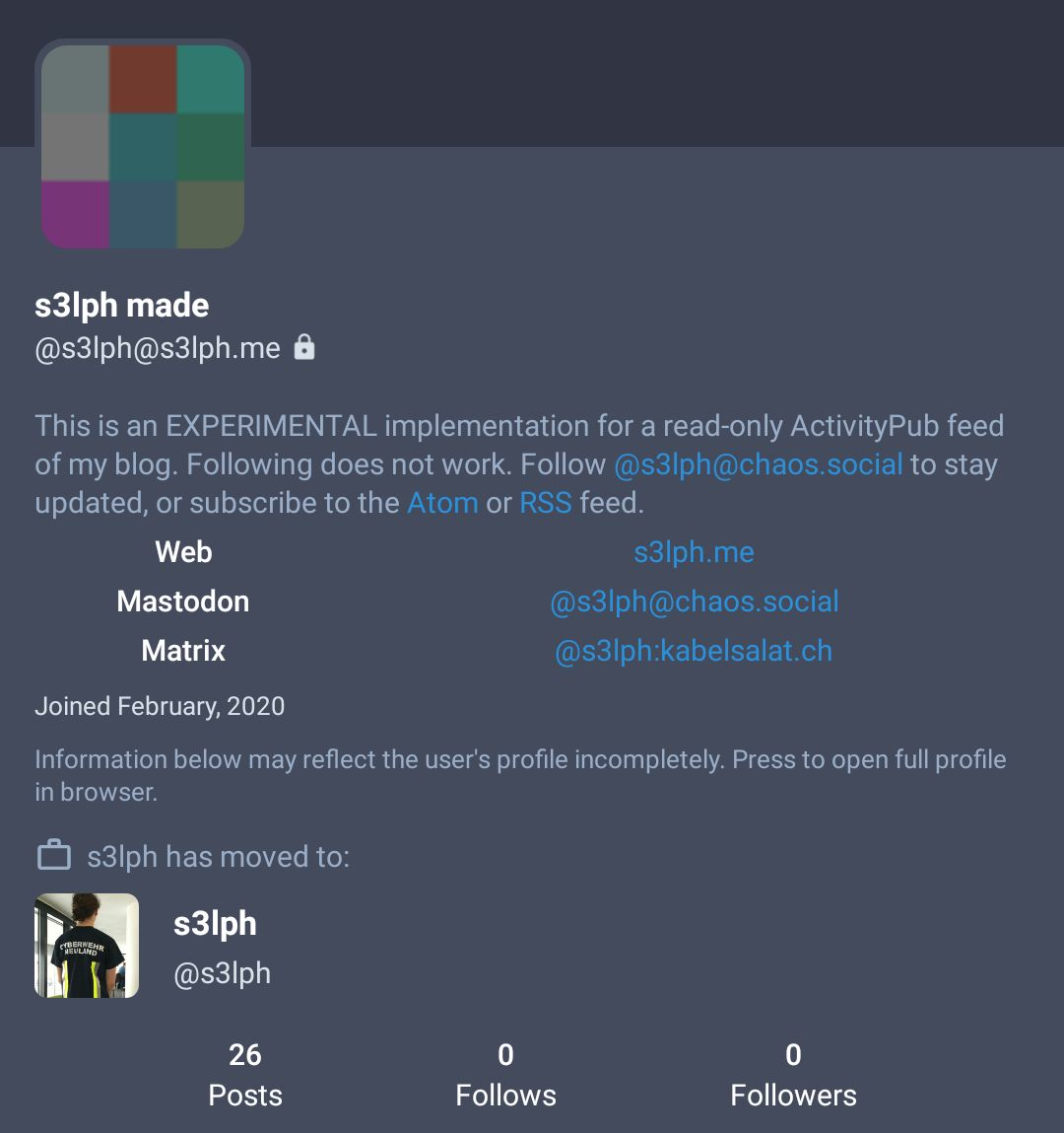 Das Profil von @s3lph@s3lph.me, dargestellt in der Mastodon-App Tusky.